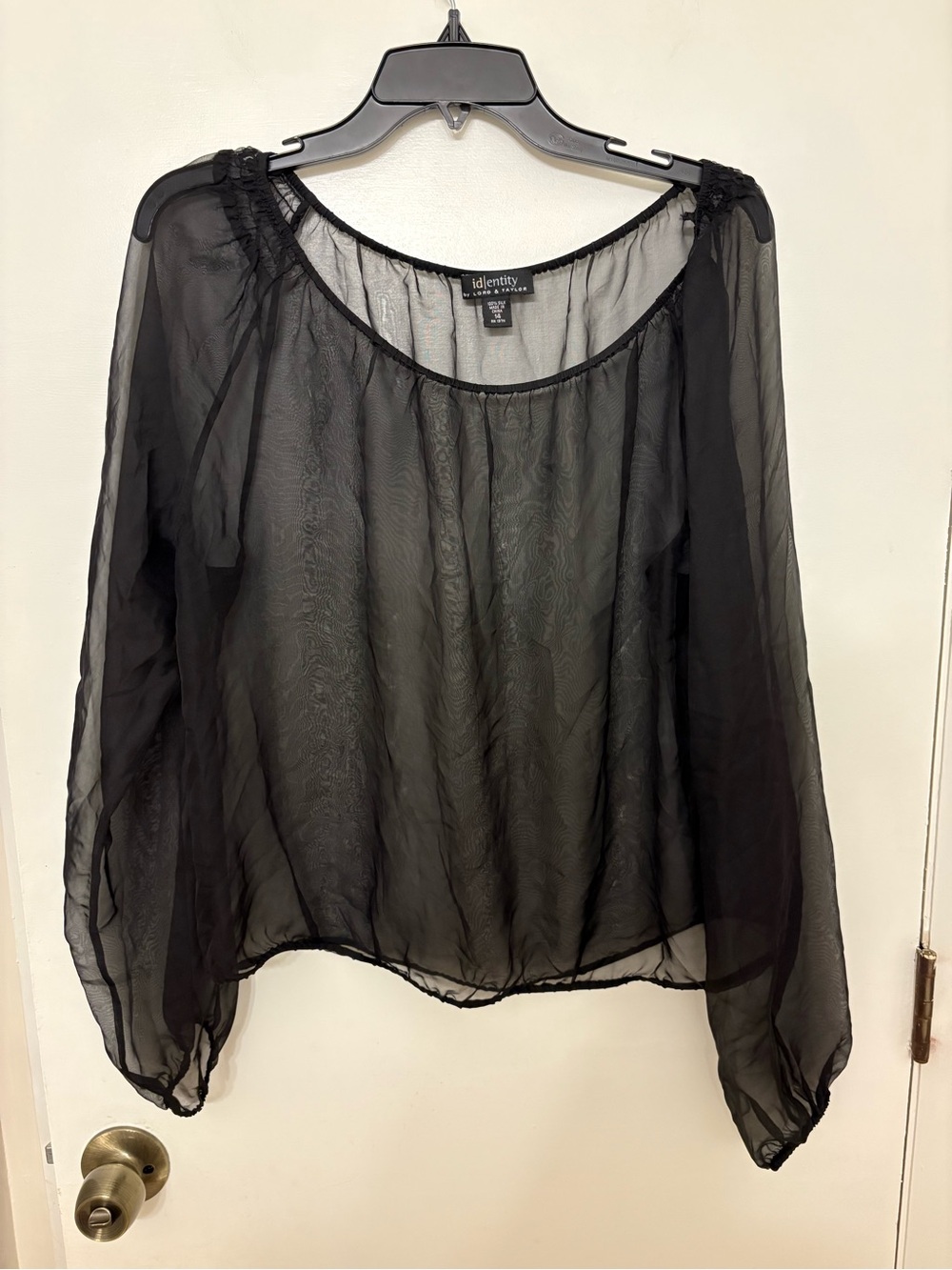 identity by Lord & Taylor Black 100% Silk Sheer Blouse Peasant Sleeve Size 14